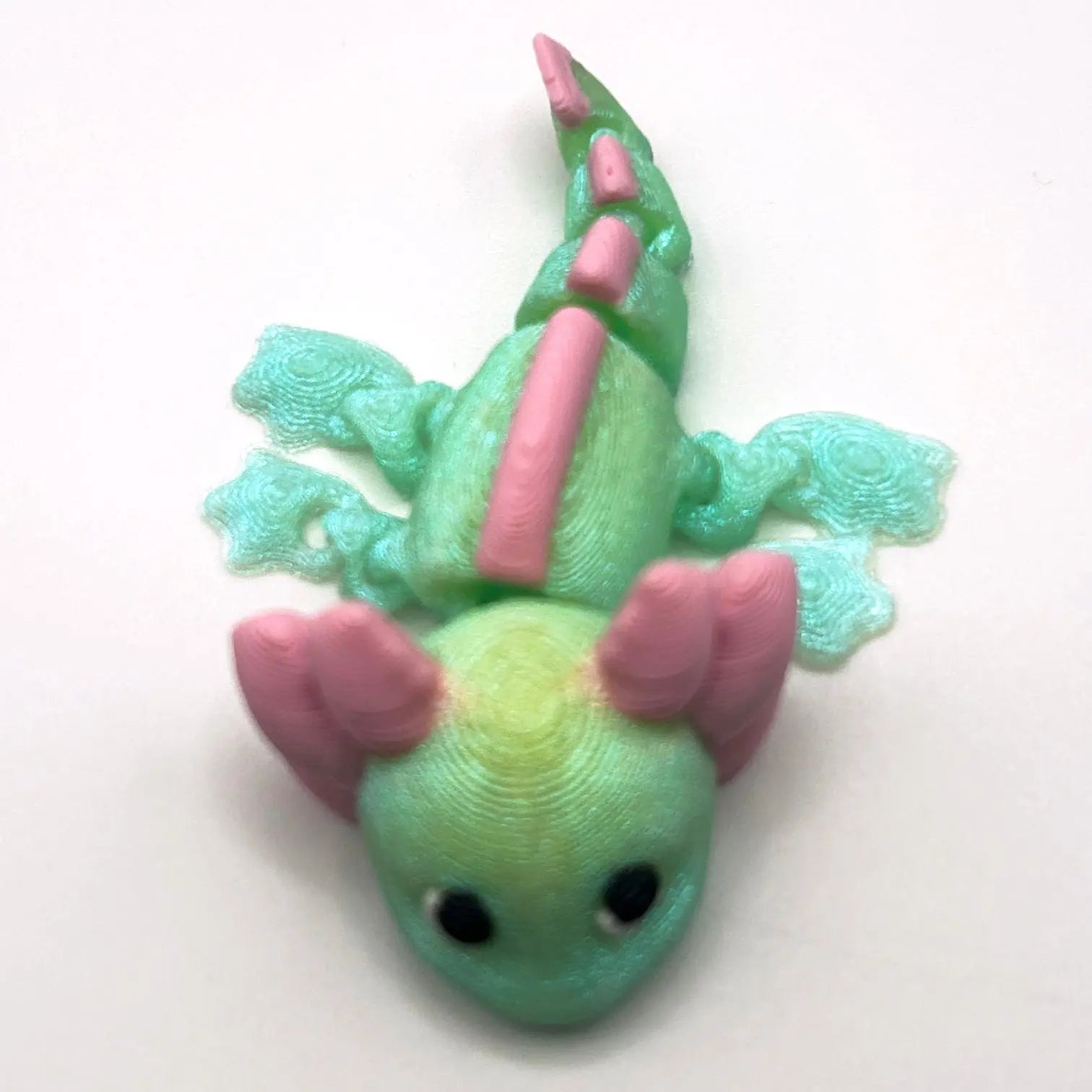 Top view of a 3D printed colorful axolotl.
