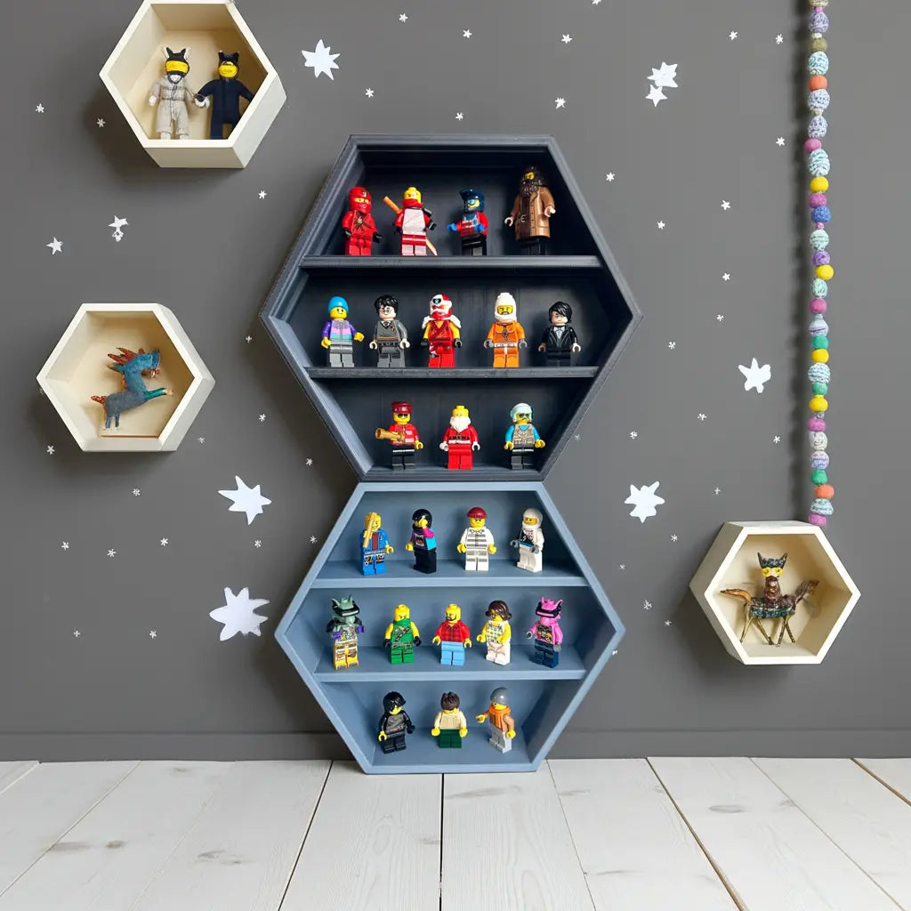 3D Printed Hexagon Wall Shelf for Small Collectibles (3D Printed, Fits 2.2")