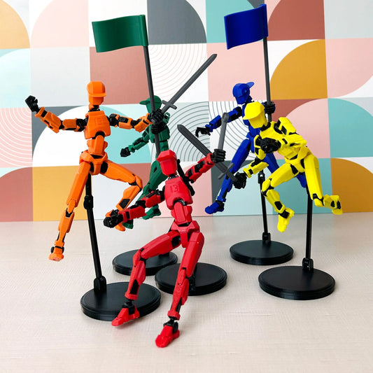 Orange, red, blue, green, and yellow Dummy 13's on stands holding accessories