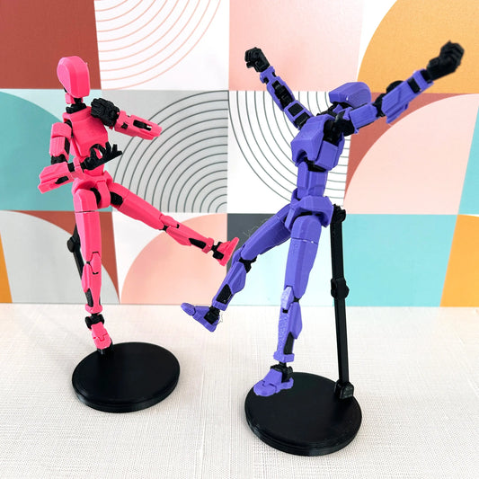 pink and purple dummy 13 3D Printed action figures on black display stands